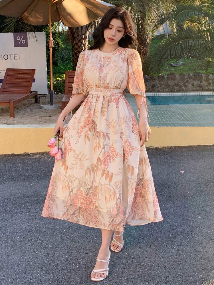 Floral Print Crew Neck Puff Sleeve Hollow Out Mid-Calf Dress For Women Sun Dress Boho