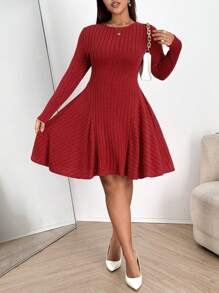 Franclia Plus Size Vrouwen Effen Kleur Ronde Hals Lange Mouw Geribbelde Korte Casual Jurk