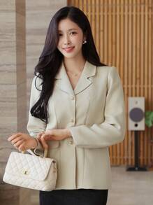 DAZY Solid Color Pocket Snap Button Women Blazer, Fall Clothes Business Attire - Apricot - View 2
