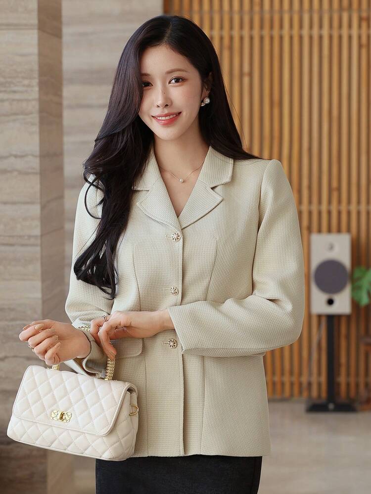Solid Color Pocket Snap Button Women Blazer, Fall Clothes Business Attire