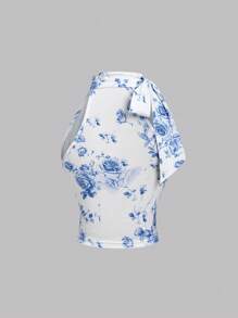 Sweetra Women's New Spring Summer Blue Rose Print Elegant Sleeveless Shirt, Commuting Style Fitted Charming Stand Collar Butterfly Pleat Decor Tie Waist Crinkle Craft Blue And White Sleeveless Short Tank Top