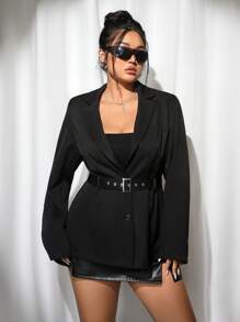 SHEIN ICON Chaqueta de traje larga de talla grande con cintura ceñida, blazer de doble botonadura, de otoño - Negro - Ver 1