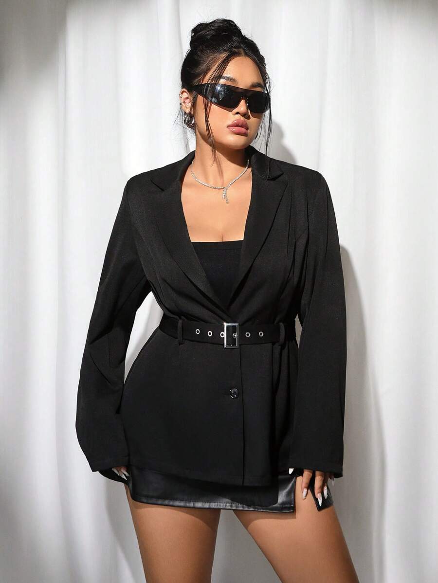 SHEIN ICON Chaqueta de traje larga de talla grande con cintura ceñida, blazer de doble botonadura, de otoño - Negro - Ver 1