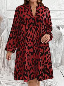 EMERY ROSE Plus Size V-hals Lange Mouw All-Over Print Losse En Elegante Herfstjurk