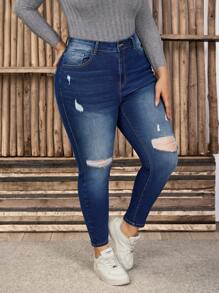 SHEIN LUNE Jeans déchirés style casual polyvalent grande taille pour femmes avec poches