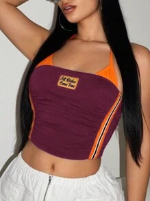 SHEIN ICON Y2k Summer Outfits Casual Color-Block Crop Top With Bikercore Letter Embroidery Contrast Binding Halter, Slim Fit