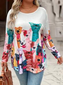 SHEIN Plus Size Women's Puppy Graphic Knit Casual Cute Long Sleeve Top - White - View 5