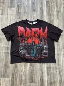 Manfinity VCAY Camiseta de manga corta con cuello redondo y gráfico oscuro de estilo callejero de moda para hombres de talla grande