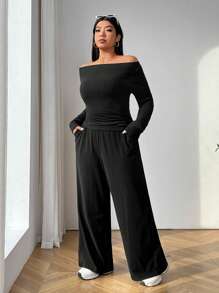 SHEIN EZwear 大码女式套装，露肩长袖纯色 T 恤和裤子，休闲两件套服装，秋季 - 黑色 - 查看 3