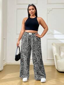 SHEIN EZwear 大码女式豹纹休闲裤，简约时尚，适合日常穿着 - 黑與白 - 查看 5