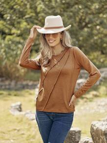 LanaWest Women's Early Spring Casual T-Shirt, Crew Neck, Long Sleeve, Front Pleated, Comfortable Soft Relaxed Straight Fit, Suitable For Western Country Style, Taupe Color Fall Cloth For Women