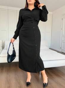 Dazy Petite Plus Vestido midi con cuello en V, unicolor, manga corta y abertura lateral para tallas grandes, color negro, vestido camisa de primavera y verano