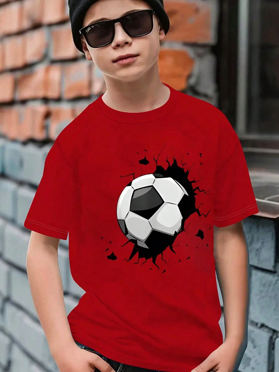 SHEIN Tween Boy Casual Creative Football Graphic Ripped Design Short Sleeve T-Shirt, Sibling Outfits Matching Outfits (2 Pieces Sold Separately) Summer Holiday - Burgundy - View 1