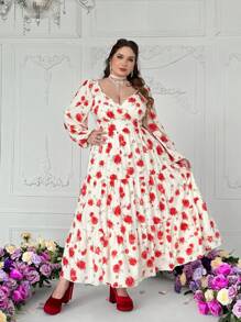Lyrianda Plus Size Chiffon Embroidered Dress With Valentines, Rose, Heart, Polka Dot, Love, Lip, Cupid, 91D Flower Design Maxi Women Outfit