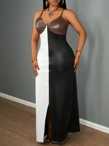 Slaydiva Plus Size Elegancka i na imprezę i spotkanie i randkę, dopasowana, jednolita, brązowa, z długim rękawem, asymetrycznym dołem, falbaniasta, sukienka z PU, długa, dopasowana sukienka, wiosna/jesień-B