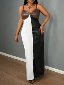 Slaydiva Plus Size Elegancka i na imprezę i spotkanie i randkę, dopasowana, jednolita, brązowa, z długim rękawem, asymetrycznym dołem, falbaniasta, sukienka z PU, długa, dopasowana sukienka, wiosna/jesień-B