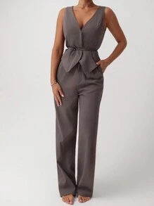 Aloruh 2pcs/Set Elegant Solid Gray Commuting Suit Jacket And Pants, Versatile - Grey - View 5