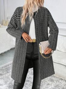 SHEIN Clasi Áo khoác cardigan cổ tròn thanh lịch đi làm thường ngày cho nữ có áo khoác ngoài kẻ caro buộc dây họa tiết - màu đen - Xem 4