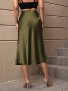 SHEIN PETITE CURVE Plus Size Solid Color Zipper Closure Skirt Mermaid Skirt People Of Shorter Stature - Army Green - View 2
