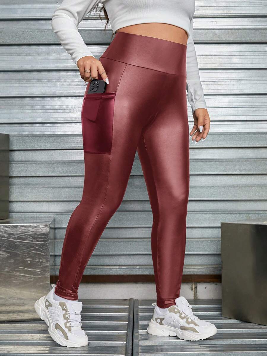 SHEIN EZwear Plus Size Casual Solid Color High Waist Skinny Leather Pants With Side Pockets - Red - View 1