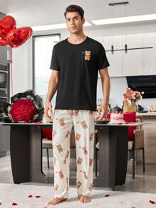 Manfinity Cute Bear Print Short Sleeve & Long Pants Men Pajama Set - Black - View 4