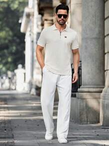 Manfinity Homme Men's Casual Solid Color Textured Short Sleeve Polo Shirt - Apricot - View 3