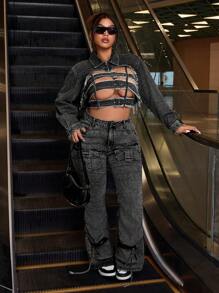 SHEIN EZwear 大码女式长袖索环扣设计镂空性感牛仔夹克 - 黑色 - 查看 4