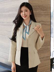 DAZY Solid Color Pocket Snap Button Women Blazer, Fall Clothes Business Attire - Apricot - View 1