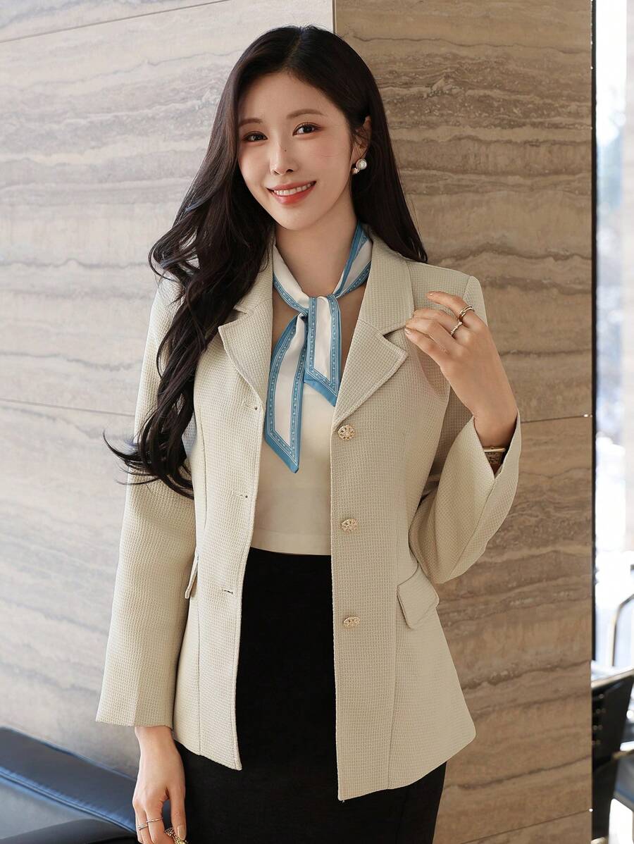 DAZY Solid Color Pocket Snap Button Women Blazer, Fall Clothes Business Attire - Apricot - View 1