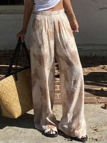 DAZY 度假宽松休闲扎染植物印花直筒裤，女款，教师裤 - 杏色 - 查看 1