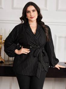 Modelyn Áo khoác blazer mỏng ve kẻ sọc thanh lịch tay đèn lồng cỡ lớn cho nữ mùa thu - màu đen - Xem 3
