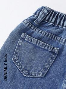 SHEIN 年轻女孩 Y2K 街头日常松紧腰直筒牛仔裤，配有扁平口袋，女孩日常 OOTD 服装 - 深色水洗藍 - 查看 7