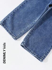 SHEIN 年轻女孩 Y2K 街头日常松紧腰直筒牛仔裤，配有扁平口袋，女孩日常 OOTD 服装 - 深色水洗藍 - 查看 3