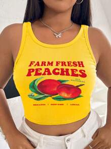 INAWLY Plus Size Summer Short Crop Tank Top With Peach And Letter Print - Yellow - View 5