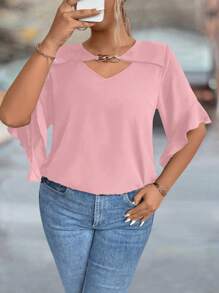 SHEIN Clasi 大码镂空领荷叶边袖纯色衬衫