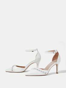 CUCCOO HITCHD Women's Pointed Toe High Heel Hollow Lace Faux Pearl Buckle White Wedding Party Dress Pumps Spring Shoes Spring Break Easter Prom Heels - White - View 4