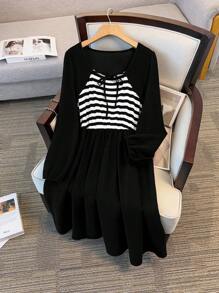 SHEIN LUNE Plus Size Casual Striped Patchwork Long Sleeve Dress Maxi Women Outfit