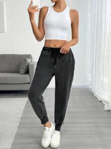 SHEIN EZwear Women's Autumn/Winter New Vintage Contrast Color Knit Harem Sweatpants - Black - View 3