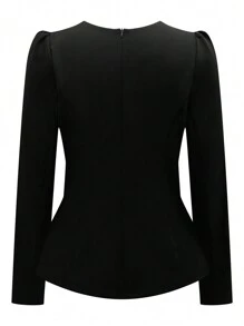 SHEIN Clasi Plus Size Elegant Solid Color Puff Sleeve Blazer, Autumn - Black - View 2