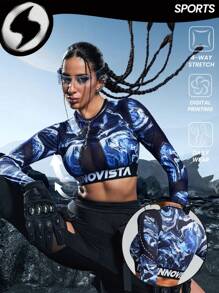 Innovista 抽象数码印花和透气机械剪裁拼接网眼长袖运动衫 T 恤、塑身衣、氨纶弹力、健身和锻炼、节日、秋冬、外出、日常休闲和健身 - 藍色 - 查看 5