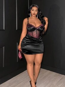 Maweii 大码女装春夏新年黑色蕾丝性感镂空系带前卫法式休闲年轻时尚弹力针织百搭舒适打底连衣裙，性感正式礼服，性感社交活动/假日装扮，黑色连体衣，正式礼服，年轻优雅性感拼接性感上衣，性感社交活动/假日装扮，黑色上衣，黑色连体裤，黑色连体衣，精致透明露肩修身纯色 - 黑色 - 查看 1