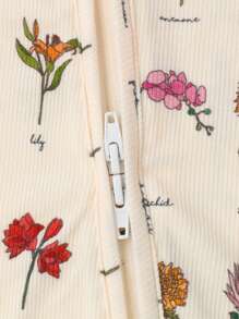 女婴花卉印花长袖拉链连体衣，配有可折叠脚套，罗纹，休闲家居服 - 杏色 - 查看 4