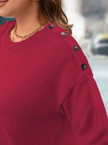 SHEIN LUNE Plus Size Women Round Neck Drop Shoulder Long Sleeve Solid Color Casual Sweater Dress, For Autumn/Winter - Burgundy - View 5