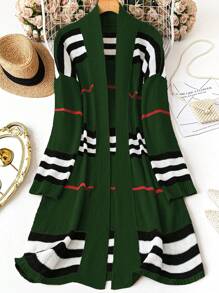 SHEIN LUNE 大码撞色条纹休闲开衫，秋冬 - 墨綠色 - 查看 1