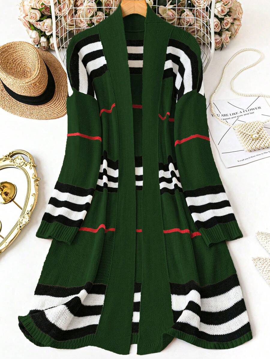 SHEIN LUNE 大码撞色条纹休闲开衫，秋冬 - 墨綠色 - 查看 1