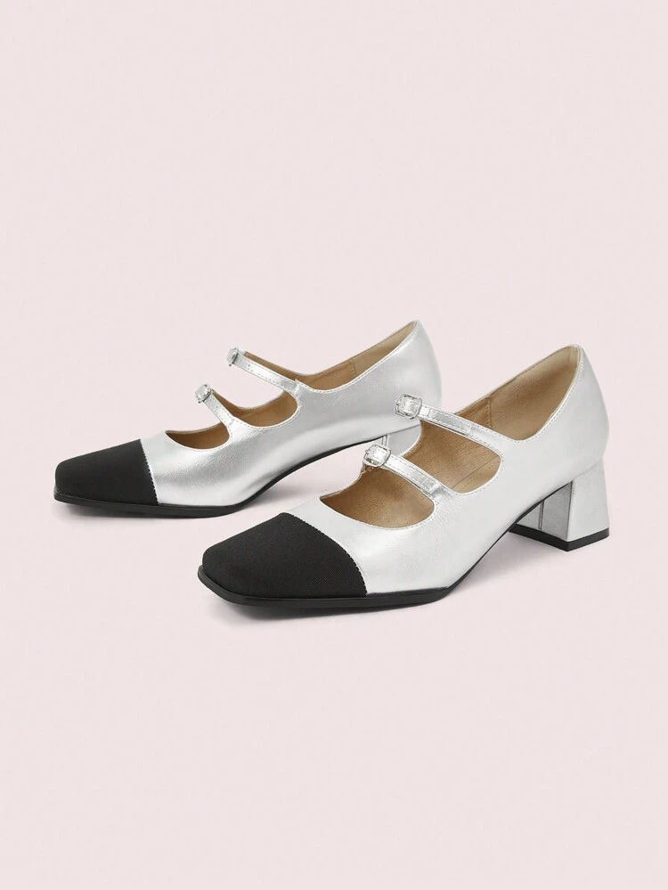 CUCCOO DOLLMOD Women's New French Style Mary Jane Platform Pumps, Silver Ankle Strap Casual Heels For Work And Daily Wear Valentine's Day