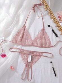 SHEIN Bộ đồ lót gợi cảm thắt nơ cho nữ - Cà phê nâu - Xem 2