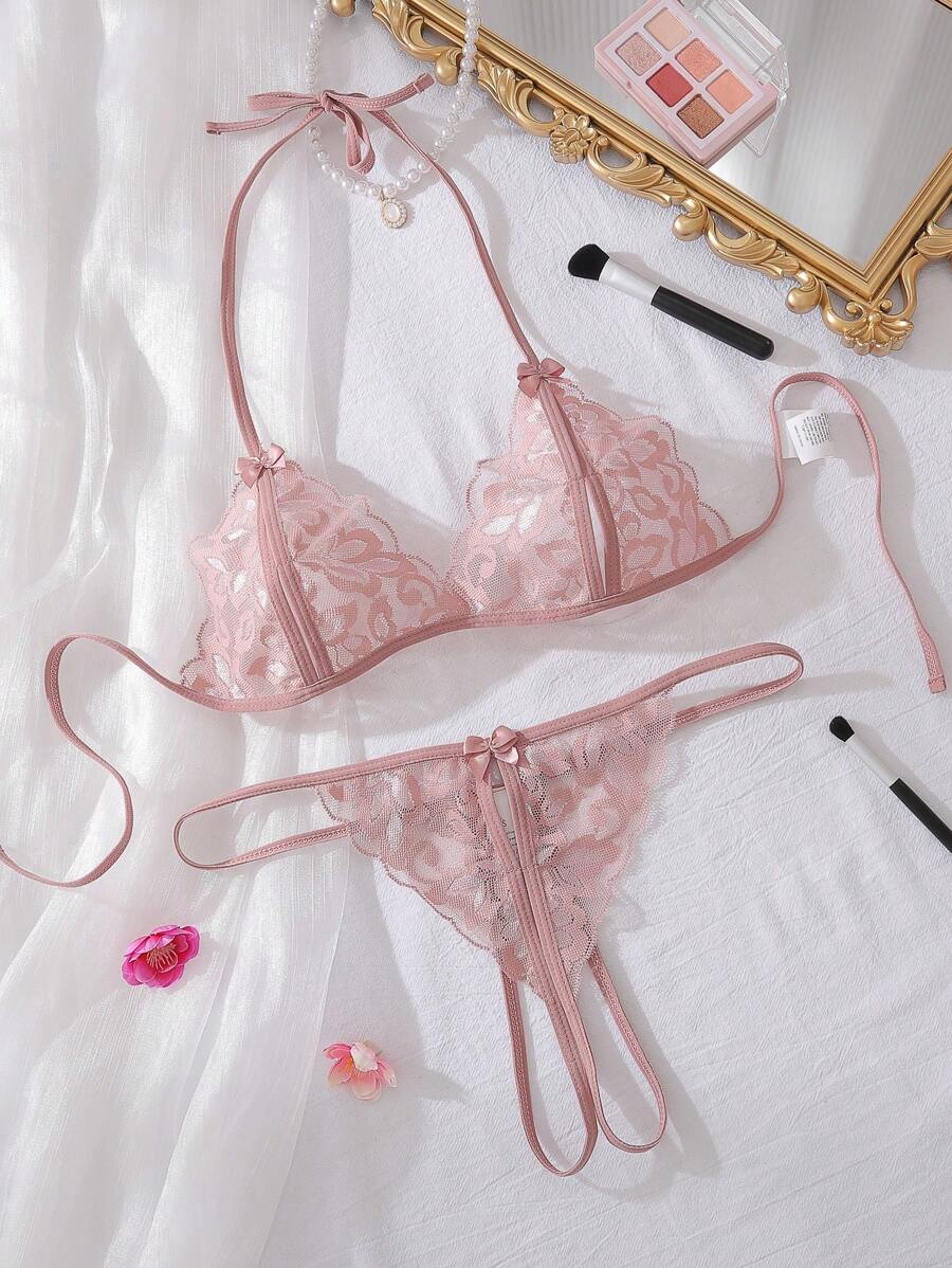 SHEIN Bộ đồ lót gợi cảm thắt nơ cho nữ - Cà phê nâu - Xem 1