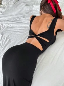 SHEIN EZwear 女式新款露背扭纹细节开衩下摆连衣裙 - 黑色 - 查看 4