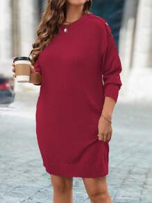 SHEIN LUNE Plus Size Women Round Neck Drop Shoulder Long Sleeve Solid Color Casual Sweater Dress, For Autumn/Winter - Burgundy - View 3